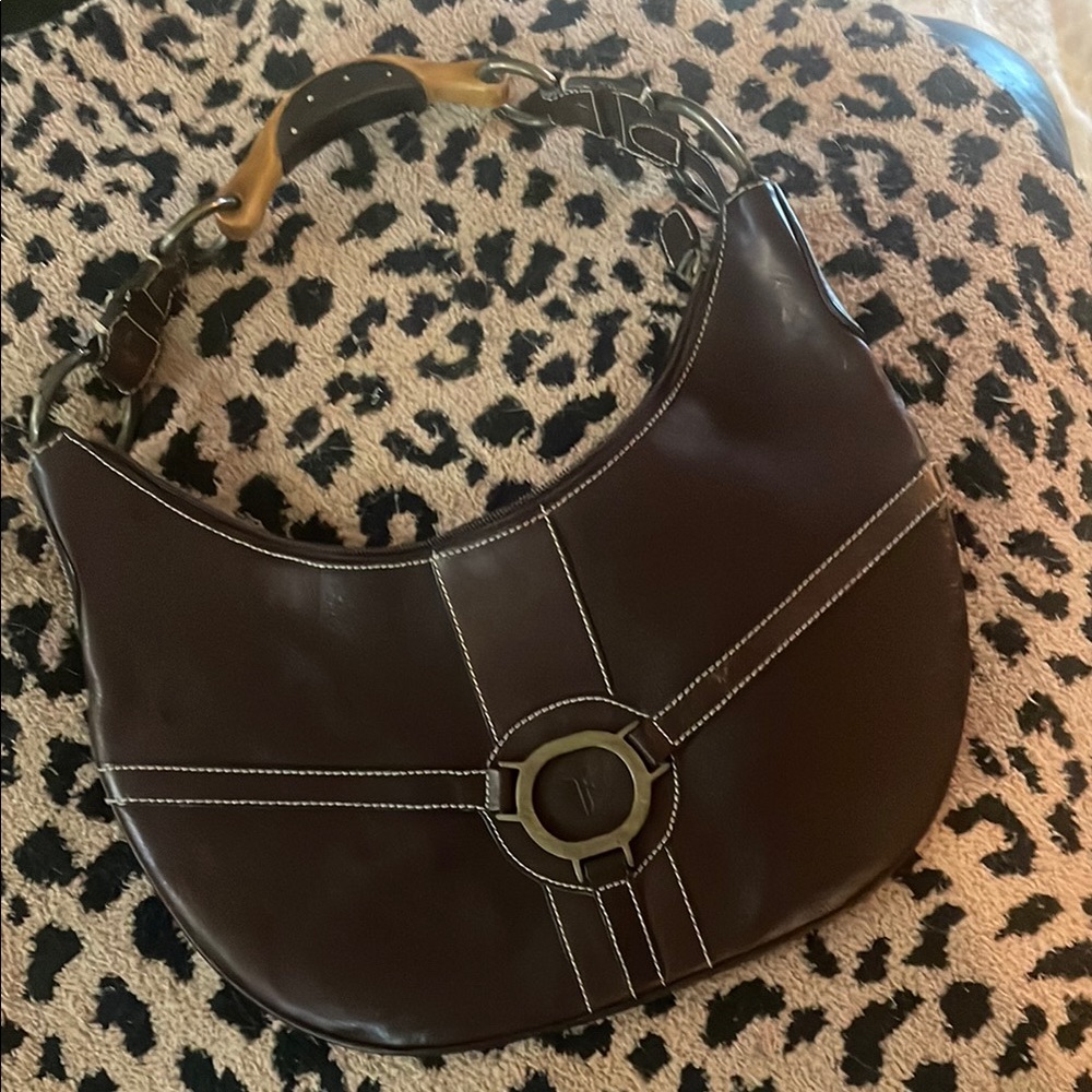 FRYE BAG brown leather 14X8. Flower guitar strap would be awesome w this.